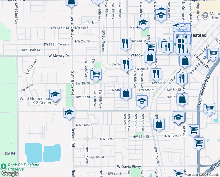map of restaurants, bars, coffee shops, grocery stores, and more near 855 Southwest 5th Street in Homestead