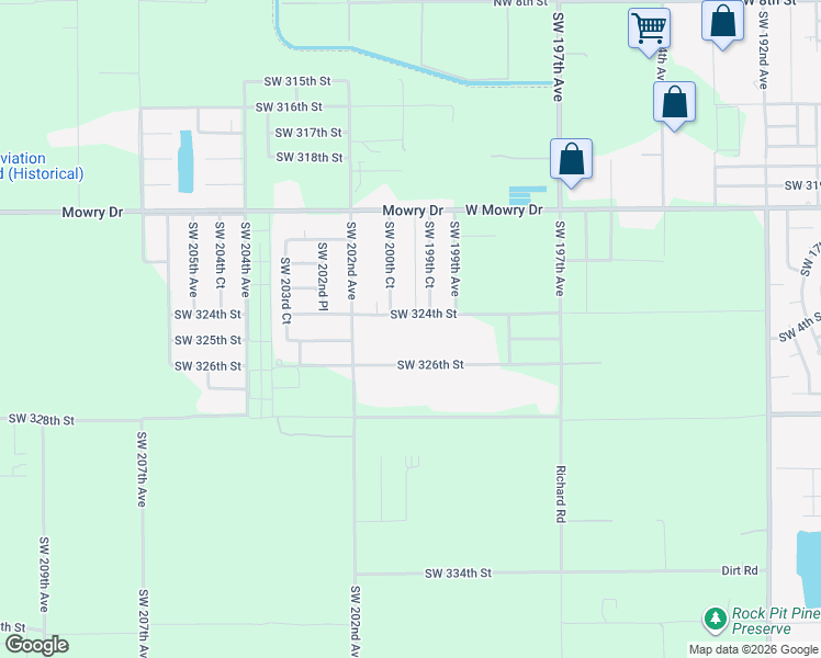 map of restaurants, bars, coffee shops, grocery stores, and more near 19980 Southwest 324th Street in Homestead