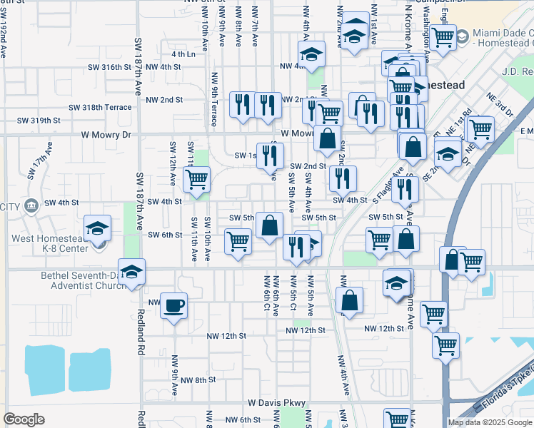 map of restaurants, bars, coffee shops, grocery stores, and more near 436 Southwest 6th Avenue in Homestead