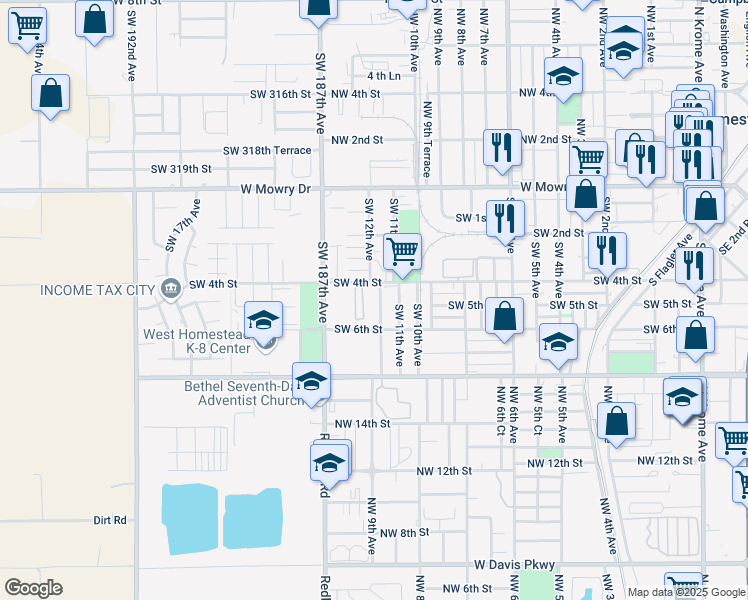 map of restaurants, bars, coffee shops, grocery stores, and more near 446 Southwest 12th Avenue in Homestead
