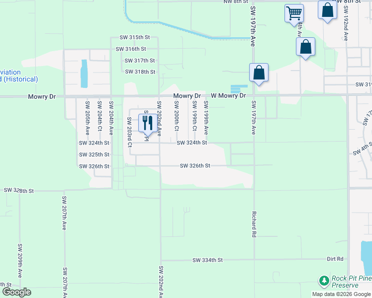 map of restaurants, bars, coffee shops, grocery stores, and more near 19980 Southwest 324th Street in Homestead