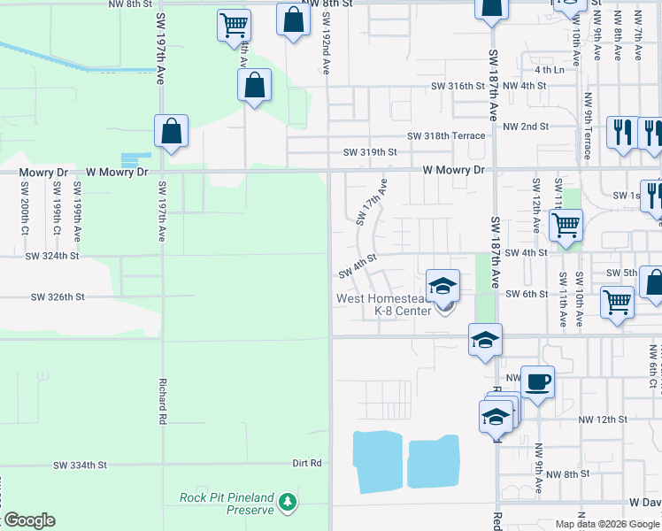 map of restaurants, bars, coffee shops, grocery stores, and more near 395 Southwest 192nd Avenue in Homestead