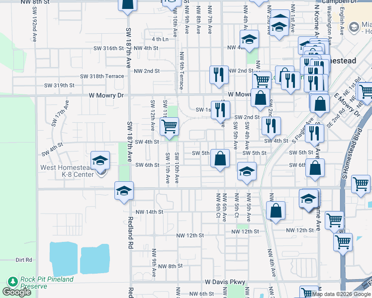 map of restaurants, bars, coffee shops, grocery stores, and more near 855 Southwest 5th Street in Homestead