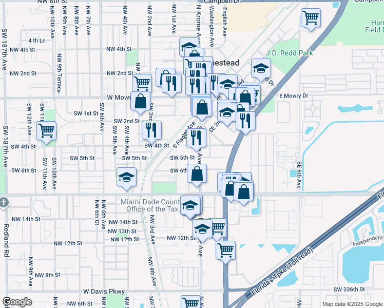 map of restaurants, bars, coffee shops, grocery stores, and more near 31 Southwest 5th Street in Homestead