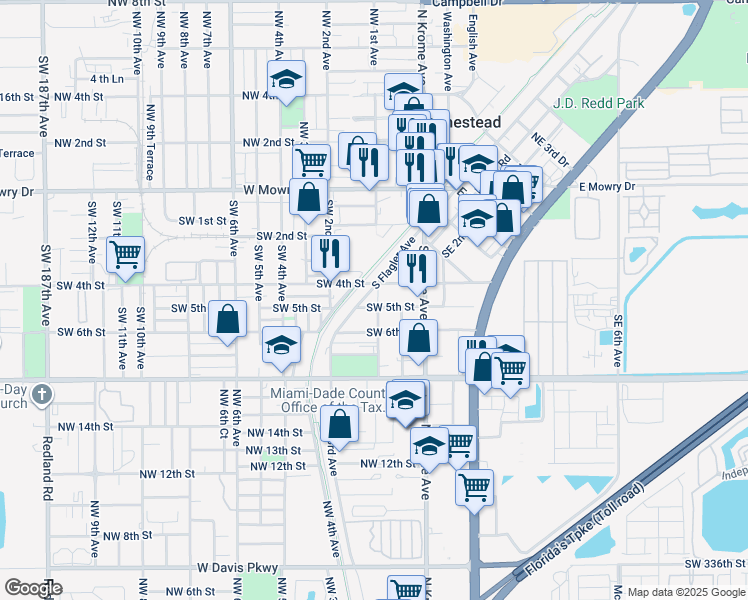 map of restaurants, bars, coffee shops, grocery stores, and more near 434 Southwest 1st Avenue in Homestead