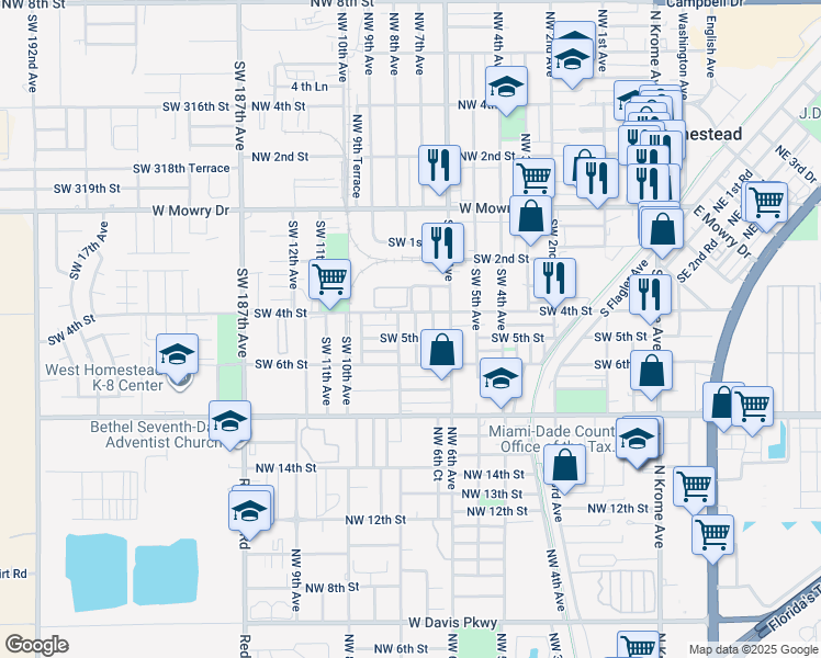 map of restaurants, bars, coffee shops, grocery stores, and more near 432 Southwest 7th Avenue in Homestead