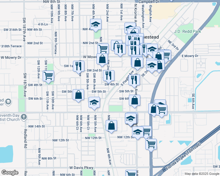 map of restaurants, bars, coffee shops, grocery stores, and more near 435 Southwest 2nd Avenue in Homestead