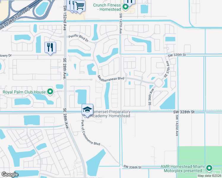 map of restaurants, bars, coffee shops, grocery stores, and more near 490 Southeast 32nd Avenue in Homestead