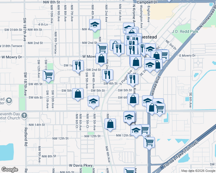 map of restaurants, bars, coffee shops, grocery stores, and more near 419 Southwest 2nd Avenue in Homestead