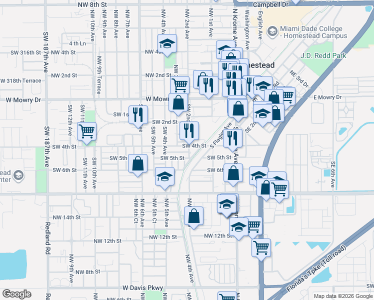 map of restaurants, bars, coffee shops, grocery stores, and more near 435 Southwest 2nd Avenue in Homestead