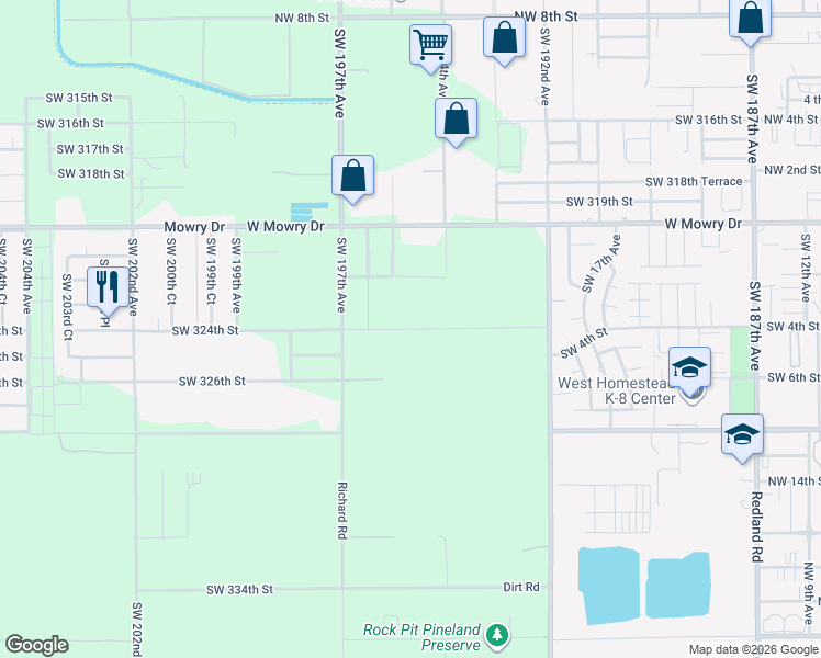 map of restaurants, bars, coffee shops, grocery stores, and more near 19500 Southwest 324th Street in Homestead
