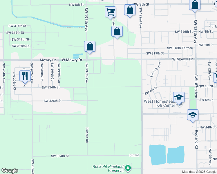 map of restaurants, bars, coffee shops, grocery stores, and more near 19500 Southwest 324th Street in Homestead
