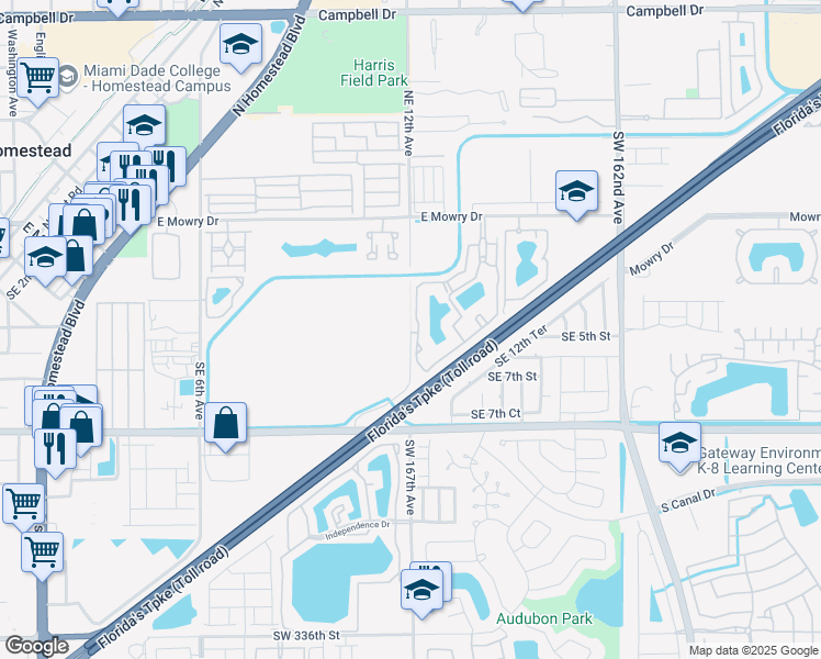 map of restaurants, bars, coffee shops, grocery stores, and more near 186 Southeast 12th Avenue in Homestead