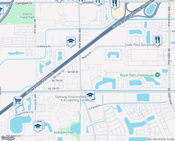 map of restaurants, bars, coffee shops, grocery stores, and more near 1880 Southeast 3rd Drive in Homestead