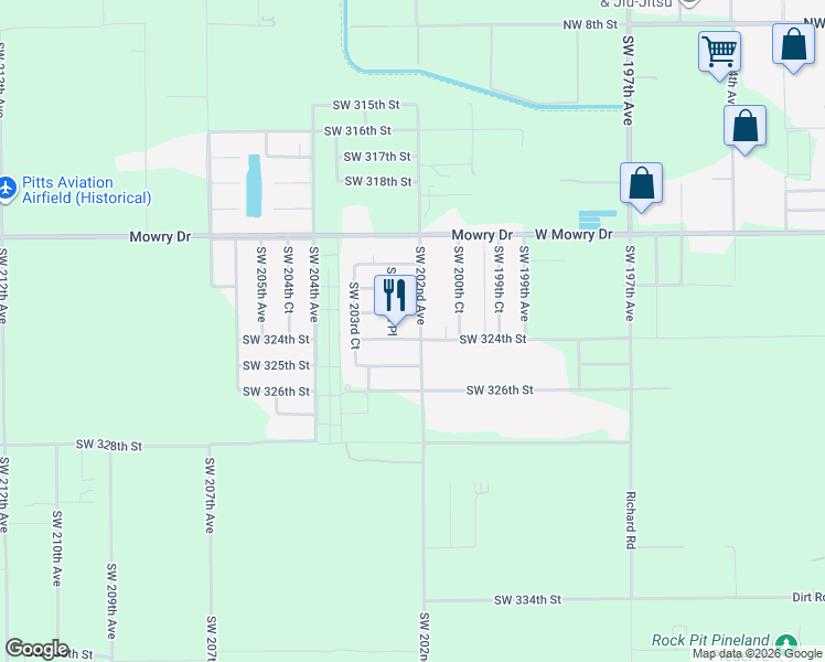 map of restaurants, bars, coffee shops, grocery stores, and more near 20238 Southwest 324th Street in Homestead