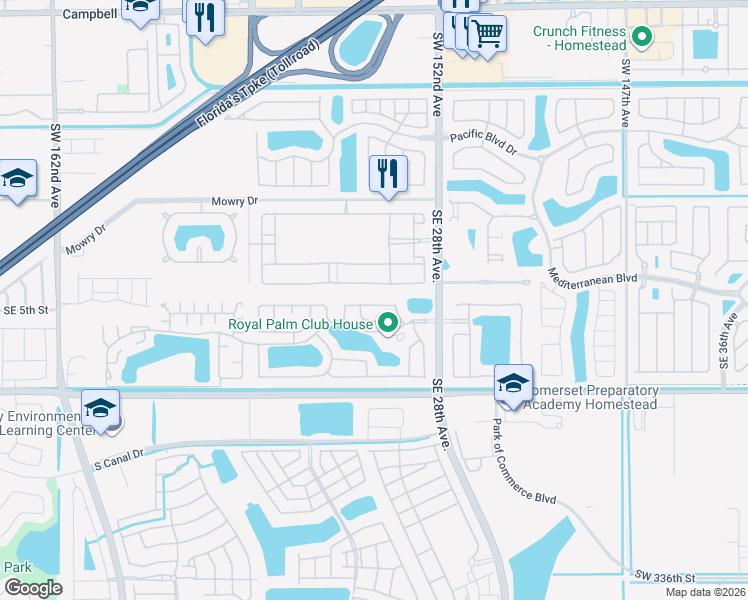 map of restaurants, bars, coffee shops, grocery stores, and more near 2593 Southeast 3rd Street in Homestead