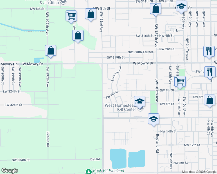map of restaurants, bars, coffee shops, grocery stores, and more near 264 Southwest 17th Avenue in Homestead