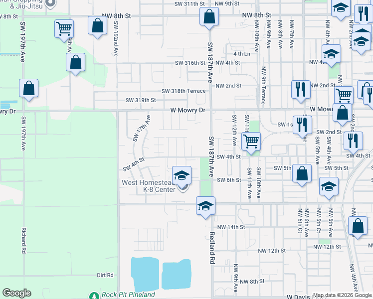 map of restaurants, bars, coffee shops, grocery stores, and more near 208 Southwest 15th Place in Homestead