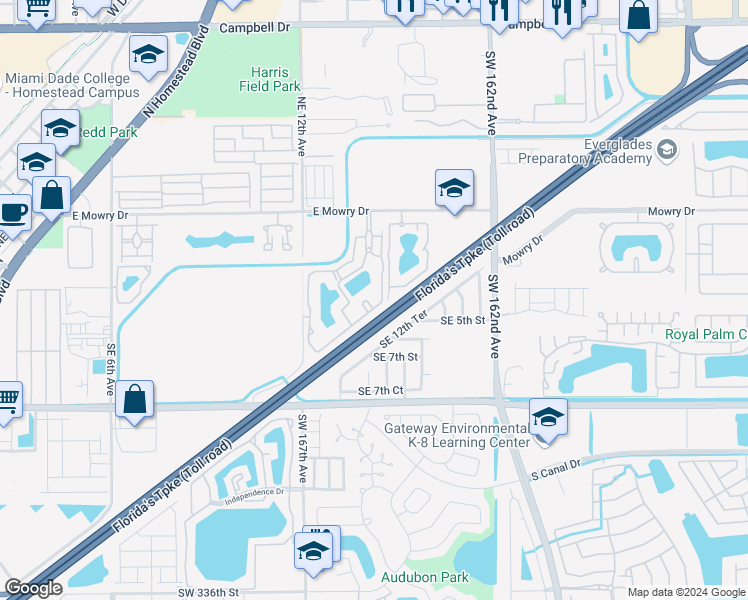 map of restaurants, bars, coffee shops, grocery stores, and more near 1442 East Mowry Drive in Homestead
