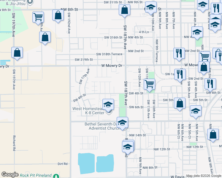 map of restaurants, bars, coffee shops, grocery stores, and more near 213 Southwest 15th Place in Homestead