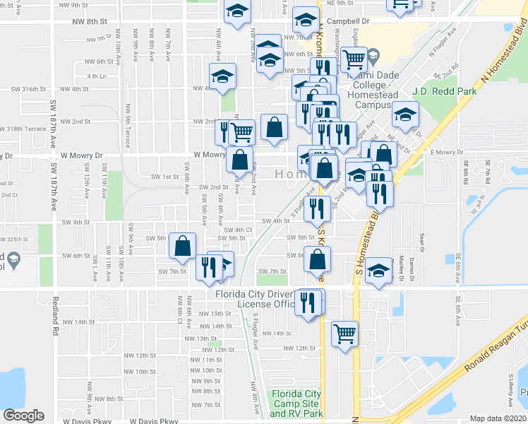 map of restaurants, bars, coffee shops, grocery stores, and more near 143 Southwest 3rd Court in Homestead