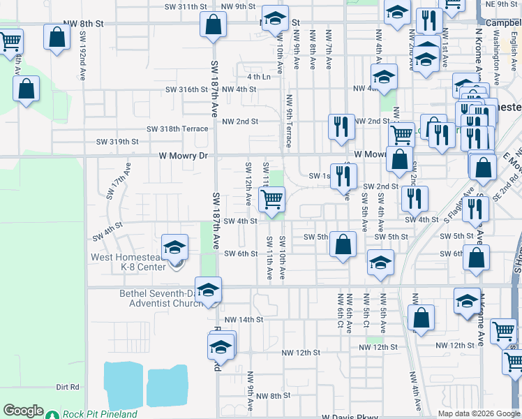 map of restaurants, bars, coffee shops, grocery stores, and more near 301 Southwest 12th Avenue in Homestead