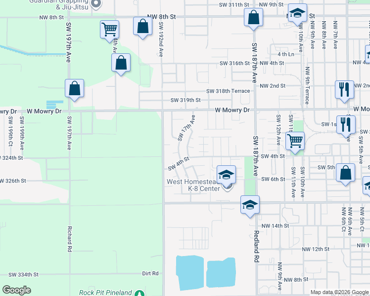 map of restaurants, bars, coffee shops, grocery stores, and more near 1665 Southwest 3rd Court in Homestead
