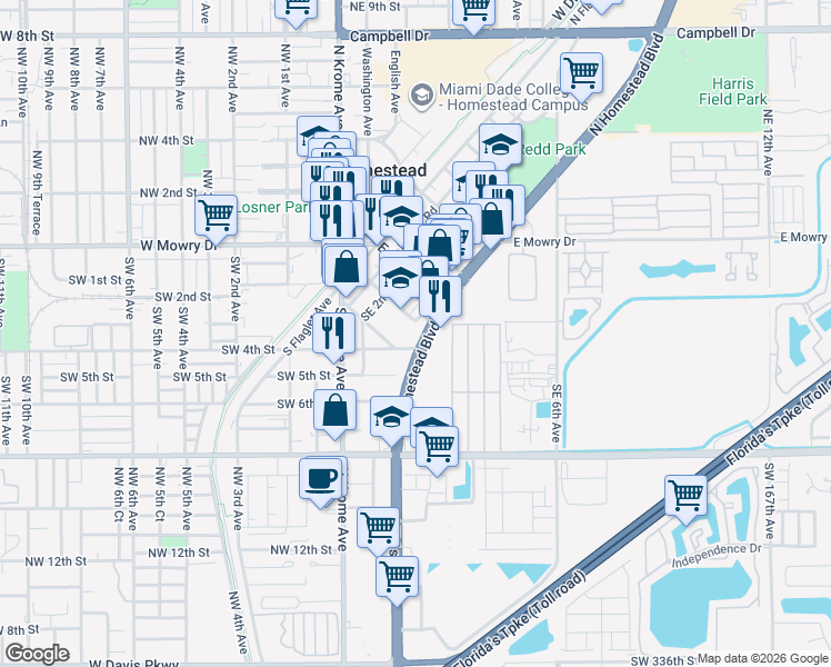 map of restaurants, bars, coffee shops, grocery stores, and more near 300 Northwest 2nd Avenue in Homestead
