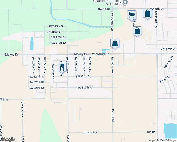 map of restaurants, bars, coffee shops, grocery stores, and more near 32240 Southwest 199th Avenue in Homestead