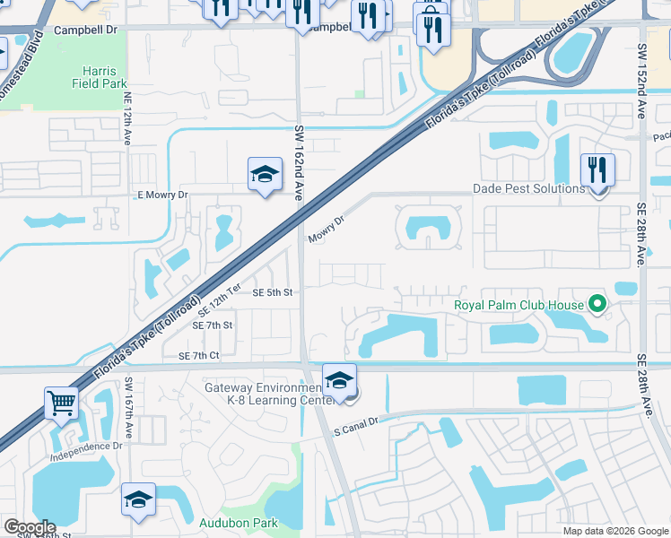 map of restaurants, bars, coffee shops, grocery stores, and more near 1900 Southeast 3rd Street in Homestead