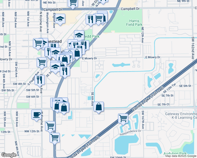 map of restaurants, bars, coffee shops, grocery stores, and more near 281 Southeast 6th Avenue in Homestead