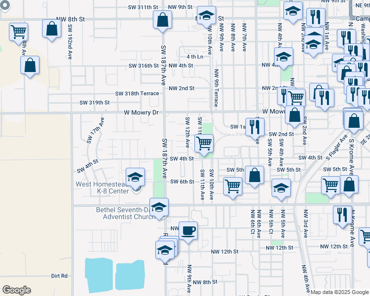 map of restaurants, bars, coffee shops, grocery stores, and more near 301 Southwest 12th Avenue in Homestead