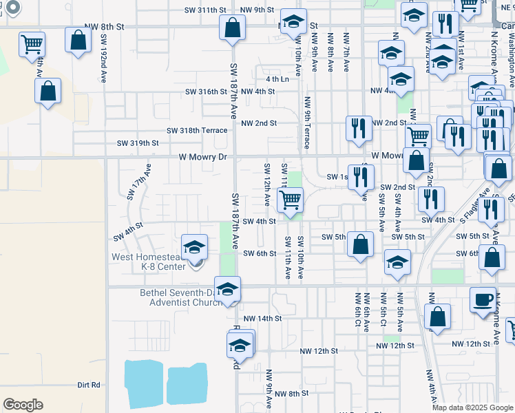 map of restaurants, bars, coffee shops, grocery stores, and more near 301 Southwest 12th Avenue in Homestead