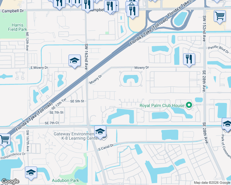 map of restaurants, bars, coffee shops, grocery stores, and more near 3798 Southeast 3rd Street in Homestead