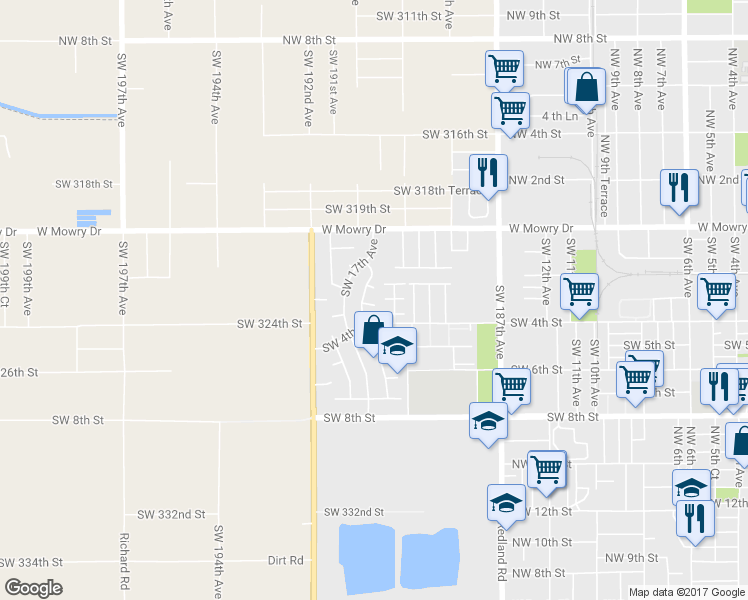 map of restaurants, bars, coffee shops, grocery stores, and more near 1665 Southwest 3rd Court in Homestead