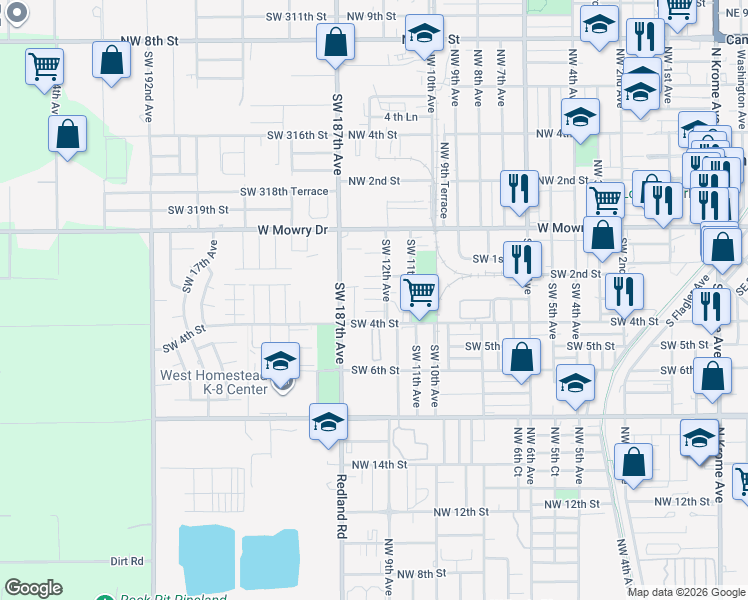 map of restaurants, bars, coffee shops, grocery stores, and more near 301 Southwest 12th Avenue in Homestead