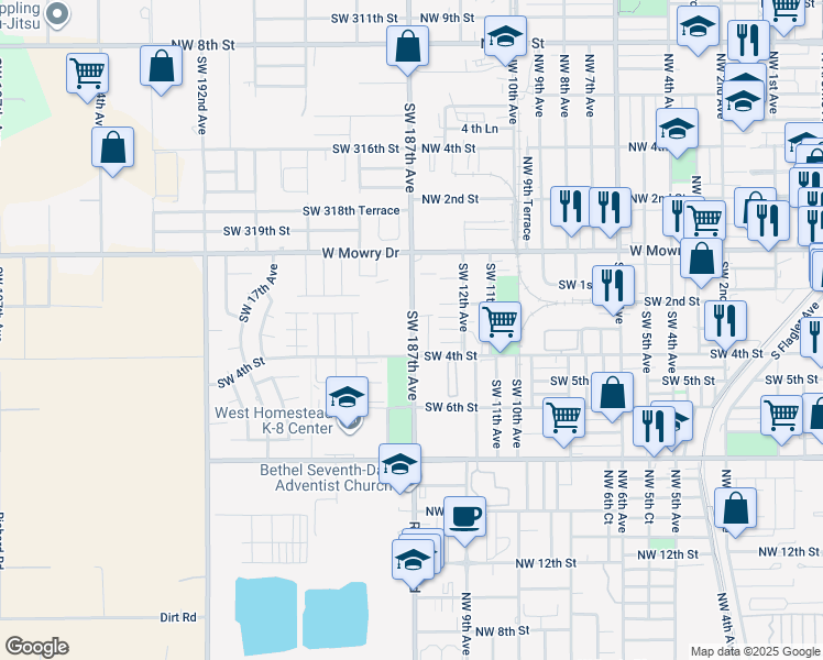 map of restaurants, bars, coffee shops, grocery stores, and more near 1273 Southwest 3rd Street in Homestead