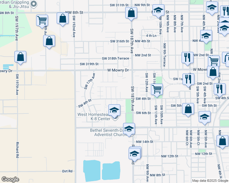 map of restaurants, bars, coffee shops, grocery stores, and more near 208 Southwest 15th Place in Homestead