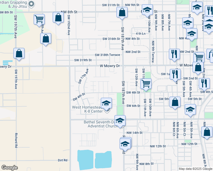 map of restaurants, bars, coffee shops, grocery stores, and more near 208 Southwest 15th Place in Homestead