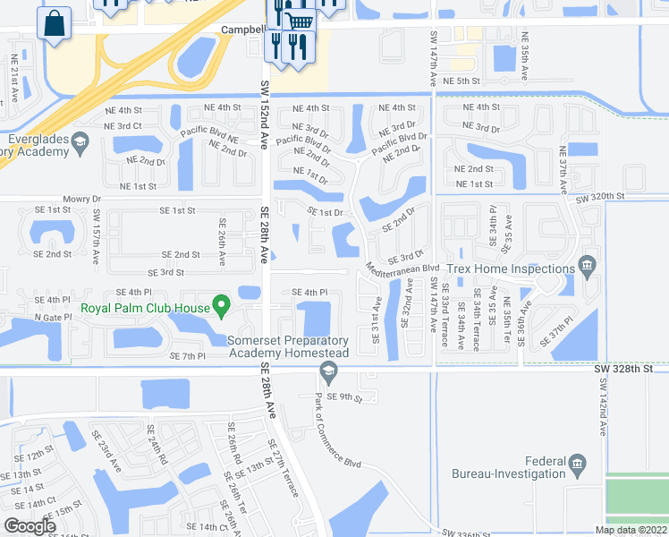 map of restaurants, bars, coffee shops, grocery stores, and more near 2981 Southeast 3rd Street in Homestead