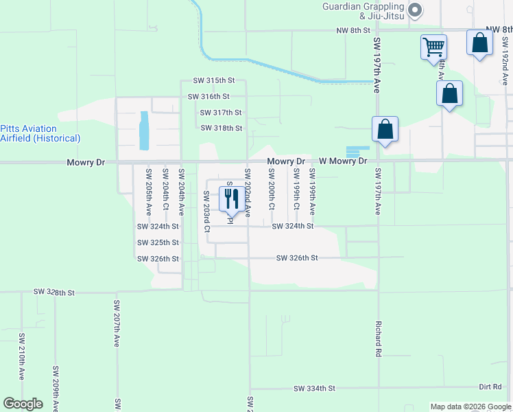 map of restaurants, bars, coffee shops, grocery stores, and more near 32295 Southwest 202nd Avenue in Homestead