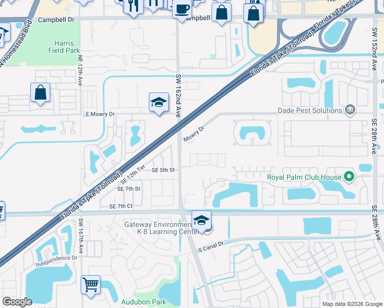 map of restaurants, bars, coffee shops, grocery stores, and more near 1900 Southeast 3rd Street in Homestead