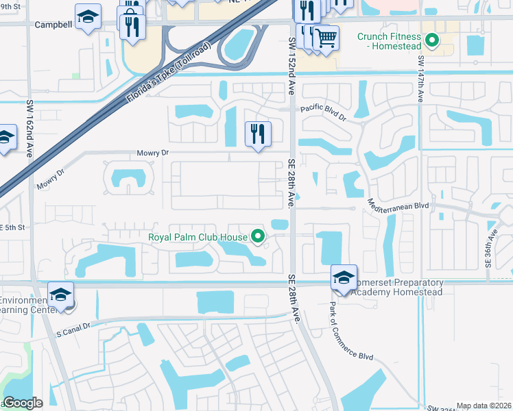 map of restaurants, bars, coffee shops, grocery stores, and more near 2593 Southeast 3rd Street in Homestead