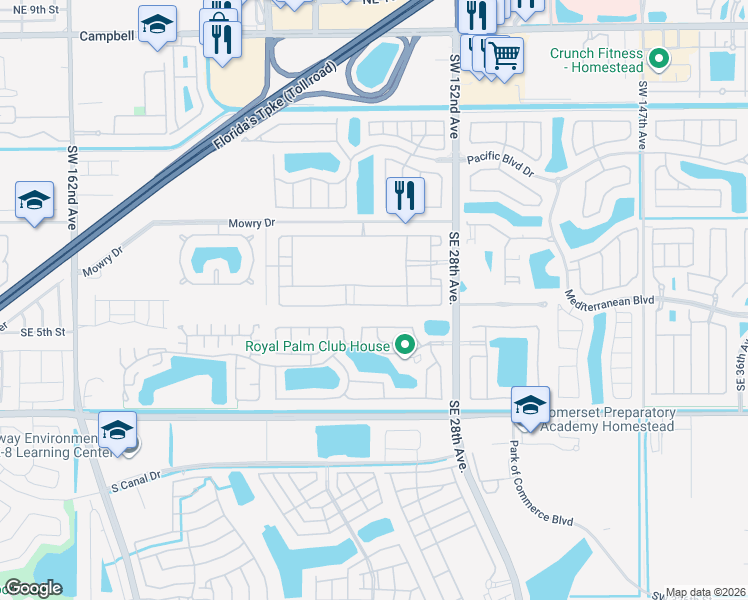 map of restaurants, bars, coffee shops, grocery stores, and more near 2593 Southeast 3rd Street in Homestead