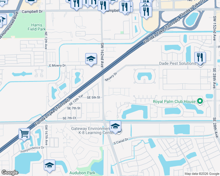 map of restaurants, bars, coffee shops, grocery stores, and more near 1900 Southeast 3rd Street in Homestead