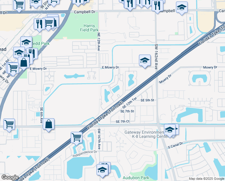 map of restaurants, bars, coffee shops, grocery stores, and more near 1442 East Mowry Drive in Homestead