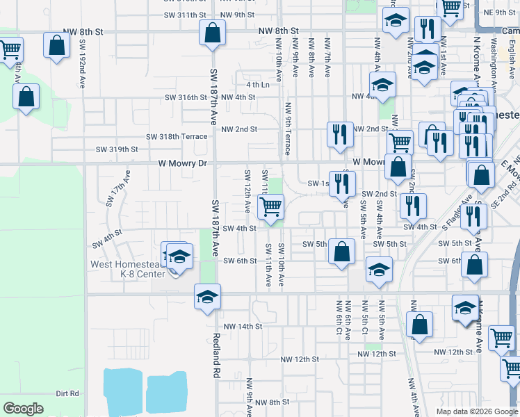 map of restaurants, bars, coffee shops, grocery stores, and more near 301 Southwest 12th Avenue in Homestead