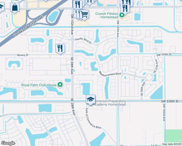 map of restaurants, bars, coffee shops, grocery stores, and more near 2981 Southeast 3rd Street in Homestead