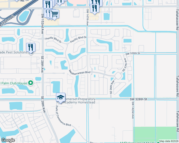 map of restaurants, bars, coffee shops, grocery stores, and more near Mediterranean Boulevard in Homestead