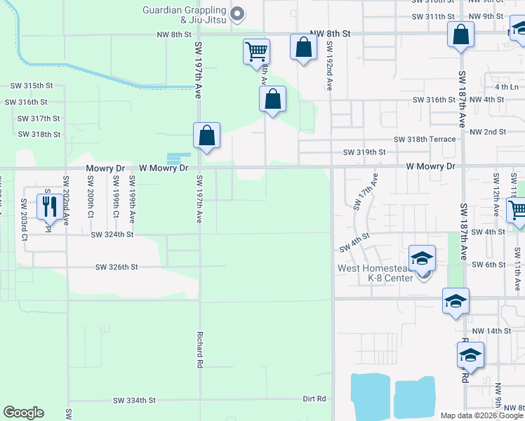 map of restaurants, bars, coffee shops, grocery stores, and more near 32185 Southwest 195th Avenue in Homestead